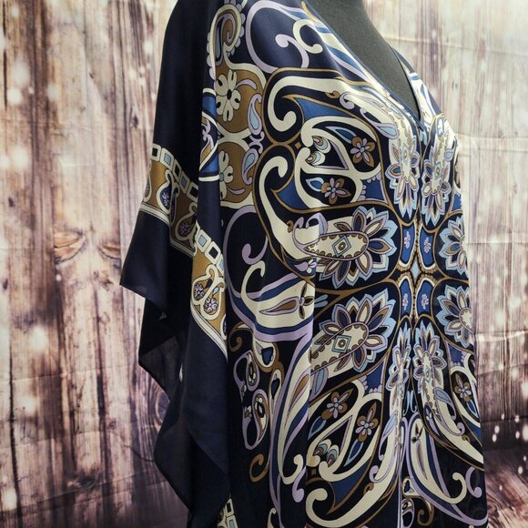 Michael Kors 100% SILK Women SZ L/XL Kaftan Top Blouse Blue Colorful Flowy Bold - Picture 7 of 12